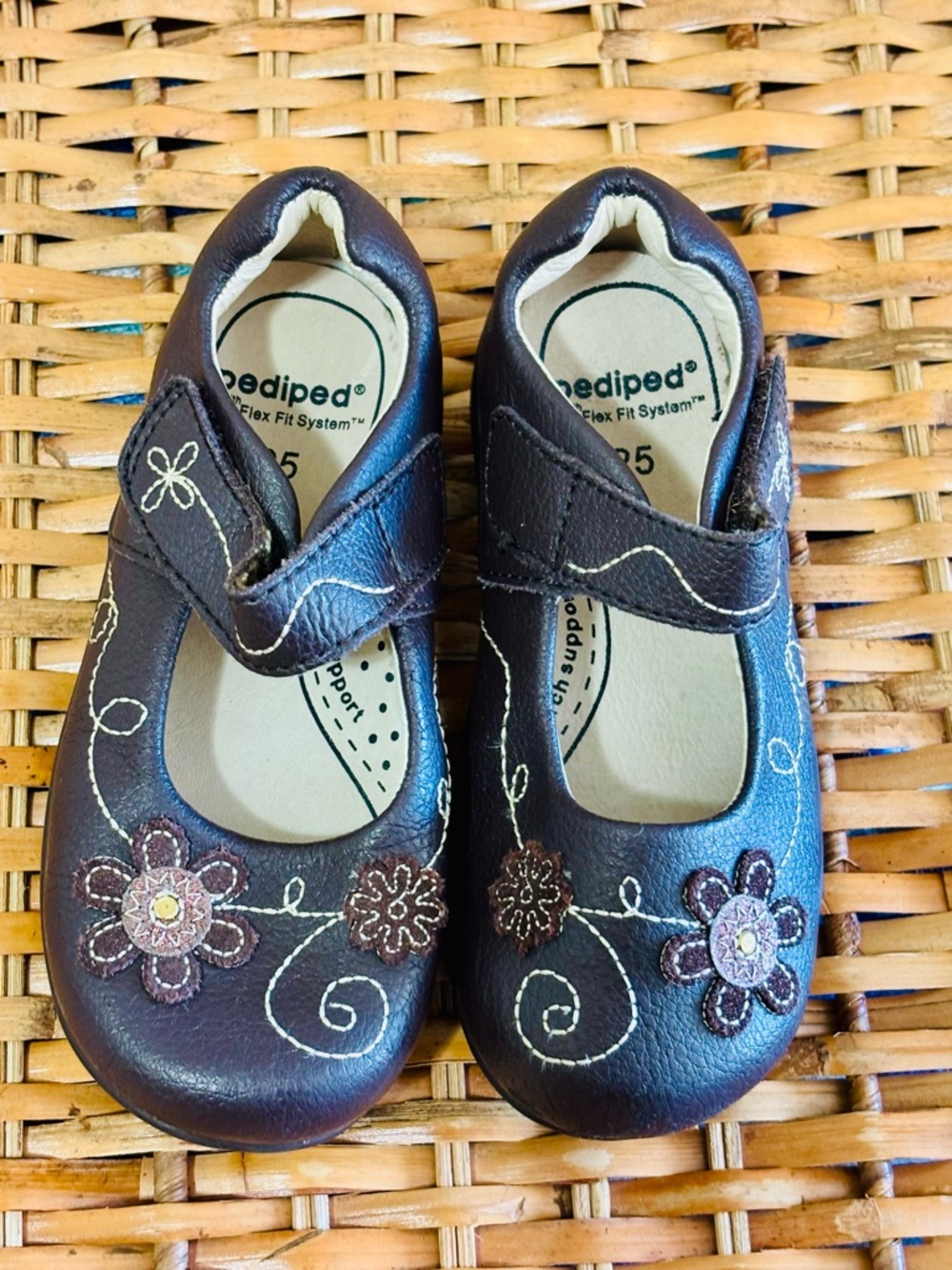 🆕 Pediped Toddler Brown Floral Mary Jane Shoes with Strap, Size 8.5